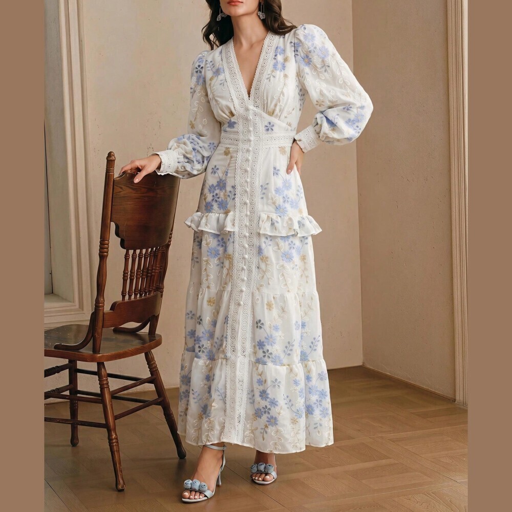 Ivory Blue Floral Embroidered Lace Trim V Neck Tiered Maxi Dress